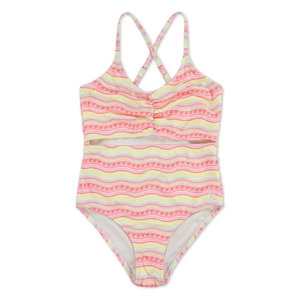 NWT Hurley Girls Pink Flamingo Wavy Stripe Cut Out One Piece Swimsuit Size 14